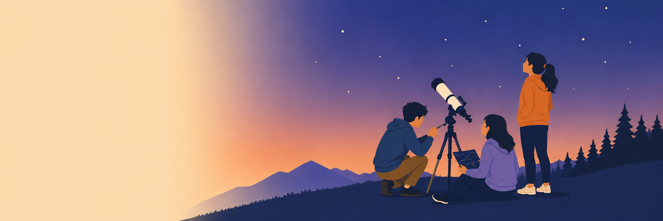 Illustration of three friends on a hillside at dusk — one adjusting a telescope, one with a star chart, one looking up at the sky